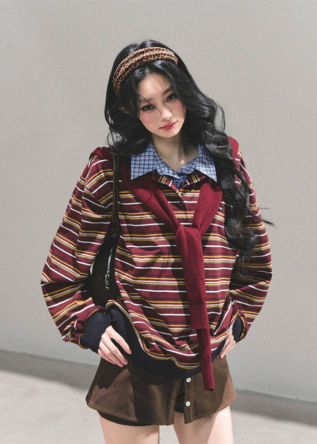 striped polo shirt women, fake two piece top, american style striped tee, layered polo collar shirt, autumn winter striped top, preppy stripe long sleeve, fw25 layered shirt women, korean retro stripe top, oversized stripe polo tee
