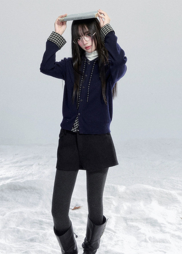 Fragile Heart knit cardigan, plaid patchwork hoodie, Korean girly knit top, layered look knit cardigan, soft feminine hoodie, navy plaid knit jacket, cute Korean hooded cardigan, romantic winter knitwear, cozy patchwork sweater, feminine layered knit top, AW Korean fashion knit hoodie