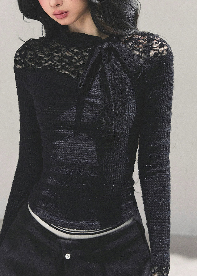 french lace bow top, black white lace shirt women, slim fit base shirt, long sleeve lace tee, autumn french style top, ribbon lace blouse, korean slim knit top, elegant lace t-shirt women, fw25 lace top, soft girl frenchcore
