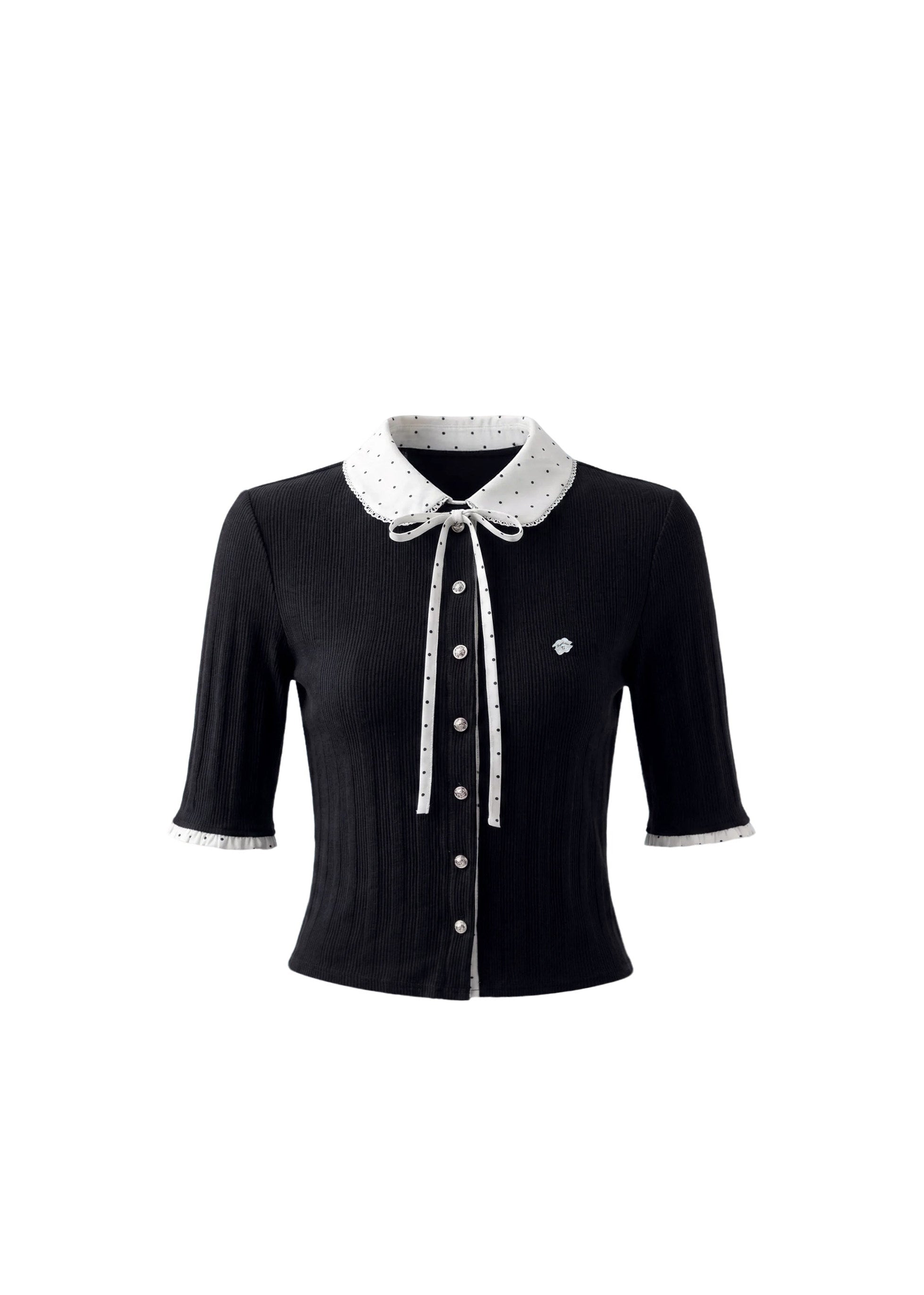 fragileheart cardigan, doll collar cardigan, korean collegiate top, ribbon knit cardigan, preppy cardigan top, feminine korean fashion, color block cardigan, pearl button cardigan, academy style top, sweet knit top, black doll collar top, korean preppy fashion