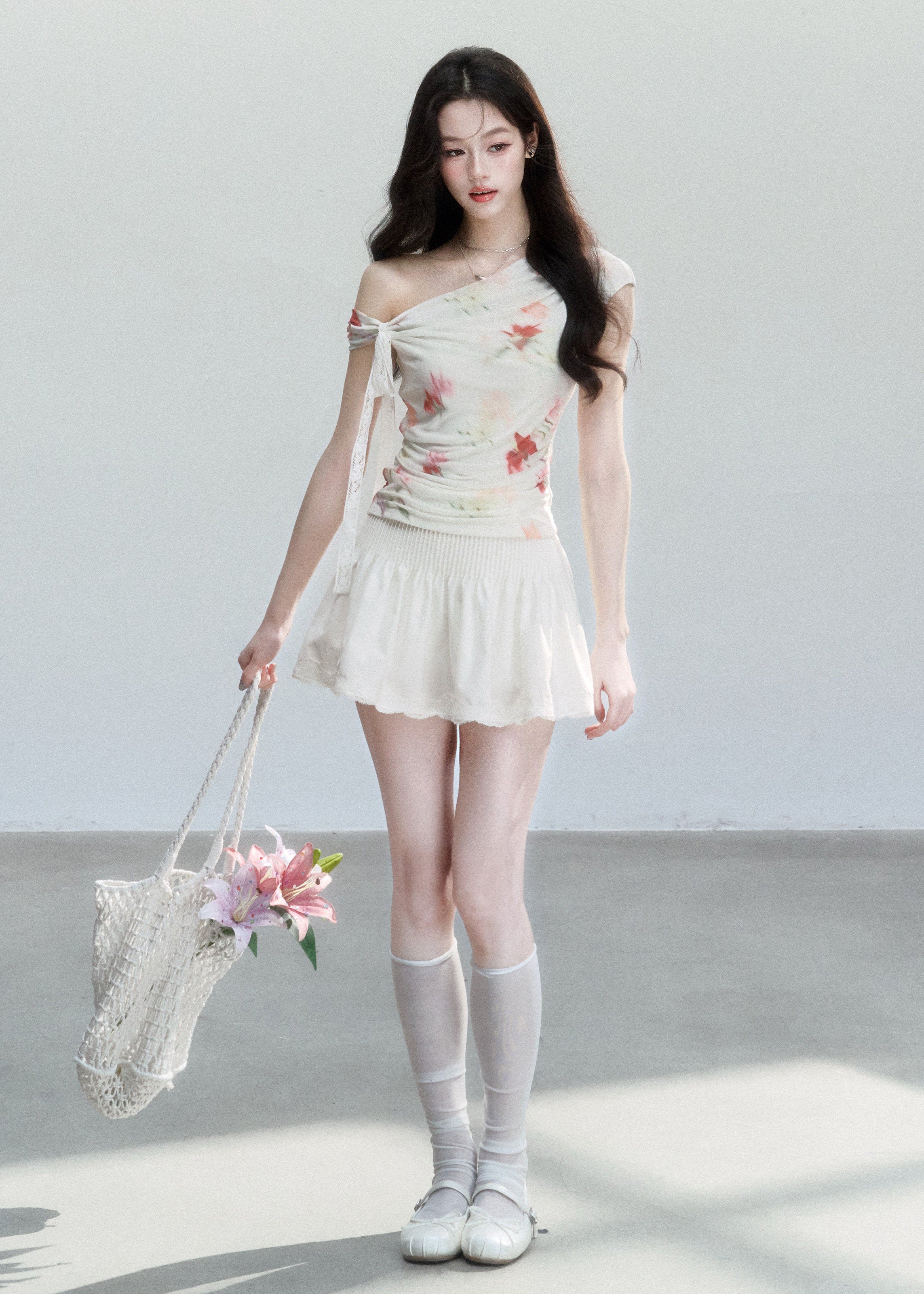 fragileheart set, floral mesh top, cross shoulder top, korean feminine set, summer flower outfit, printed mesh top, mini skirt set, soft girl summer outfit, korean summer fashion, floral two piece set, feminine vacation outfit, romantic mesh top