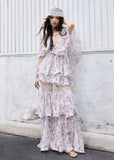 floral two piece set, ruffle maxi skirt set, korean fashion set, romantic floral outfit, vintage floral set, chiffon ruffle top, summer skirt set, feminine two piece outfit, resort wear women, elegant floral maxi set