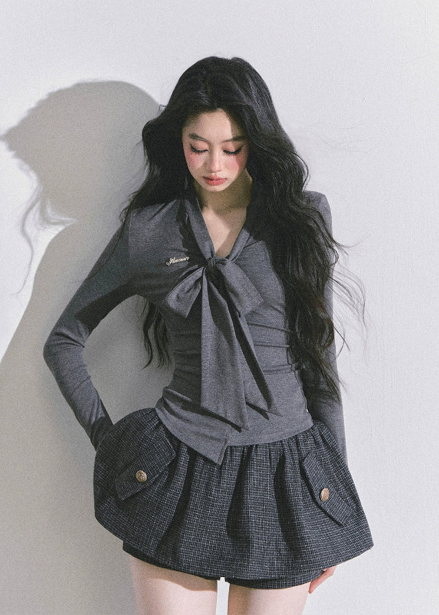 bow tie long sleeve top, ribbon collar shirt, slim fit knit top women, Korean bow top, French elegant bow blouse, waist slimming T-shirt, fall fashion ribbon top, fitted long sleeve tee, Korean American style top, trendy bow detail shirt, high waist slim top women
