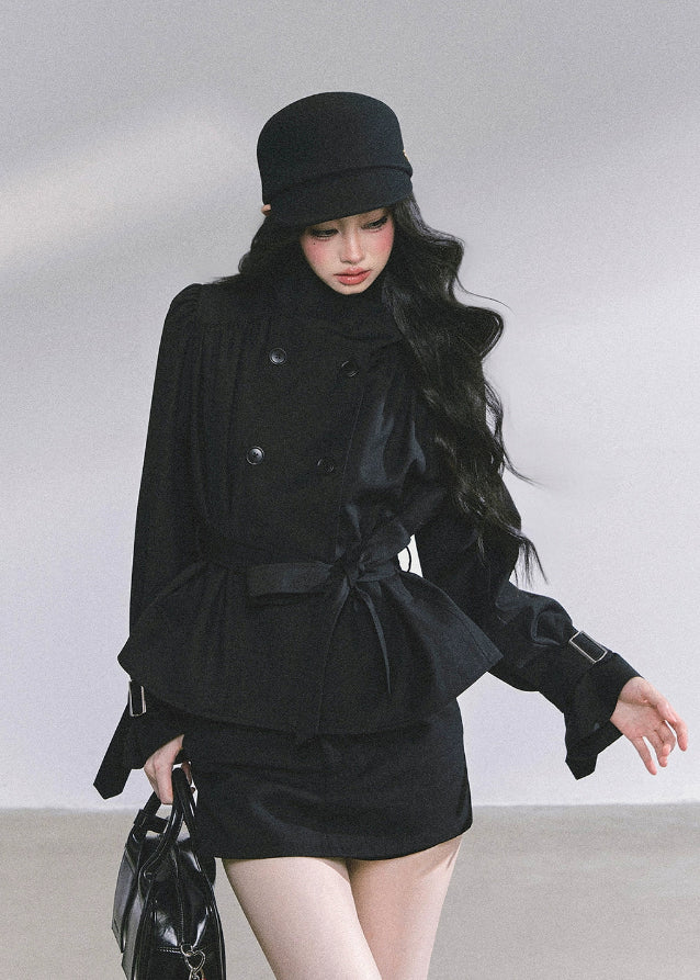 french hepburn suit set, korean two piece skirt suit, autumn peplum blazer set, belted blazer mini skirt, elegant korean outfit women, seoul chic fashion set, french inspired skirt suit, korean business chic outfit, hepburn korean office set, korean high end autumn fashion, korean modern lady outfit, classy two piece set for women, parisian blazer skirt set, kfashion blazer outfit, korean elegant matching set