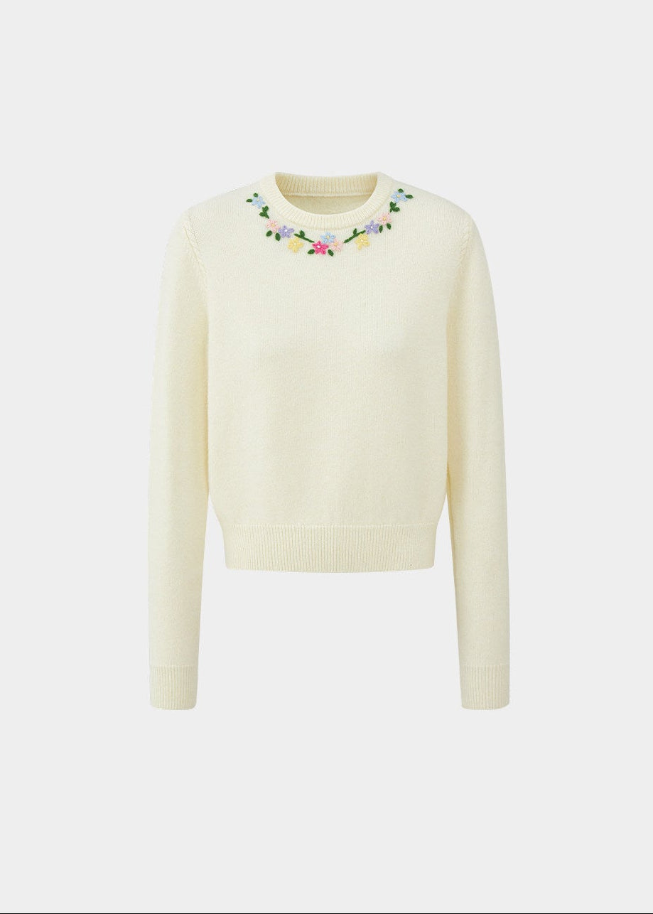 embroidered sweater women, ivory knit top, crew neck sweater women, korean fashion knit, spring knitwear, feminine sweater top, soft knit blouse, elegant casual sweater, lightweight knit top, minimalist sweater women, versatile everyday knit, parisian style clothing, refined knitwear women, slim fit sweater, delicate embroidery top, modern feminine clothing, chic casual outfit, aesthetic fashion knit, soft luxury sweater, timeless wardrobe knit