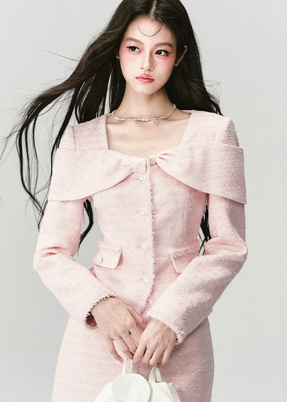 Fragileheart tweed set, pink bow jacket, luxury Korean fashion, elegant two-piece outfit, pastel tweed suit, quiet luxury womenswear, soft pink ensemble, French small fragrance style, K-fashion 2025, feminine office outfit, luxury tweed mini skirt set, romantic pastel look, modern elegant fashion, couture-inspired outfit

