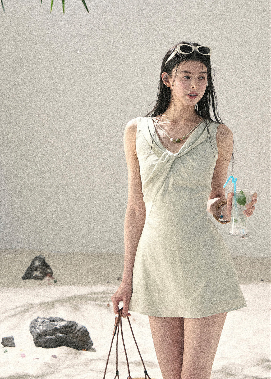 Lightweight ramie-blend mini dress in muted sage green