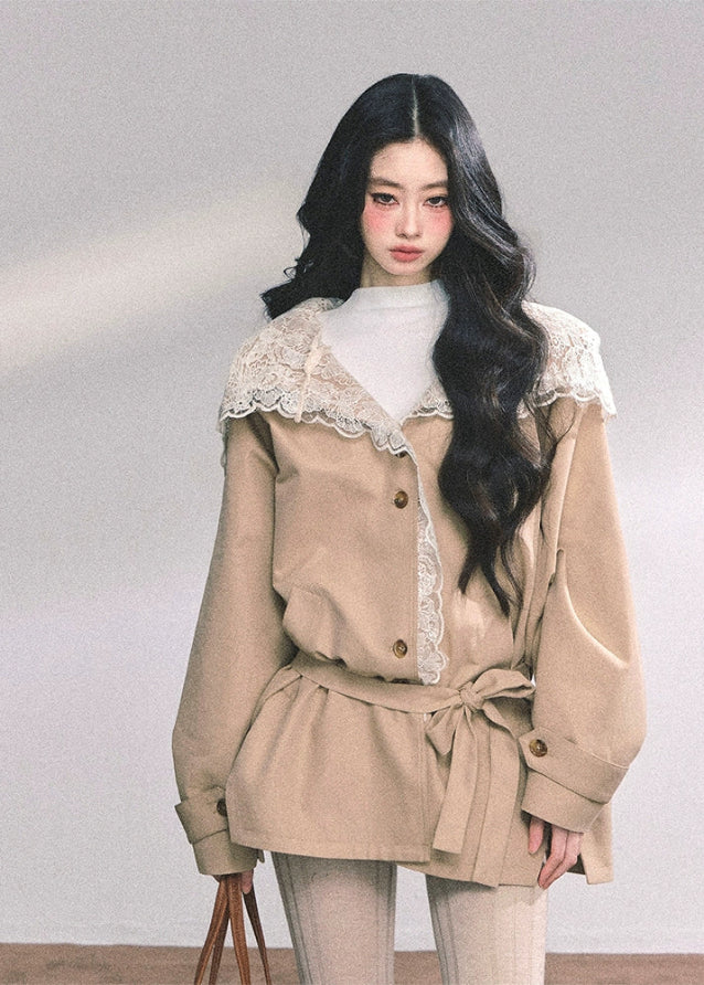 lace trench coat women, french lace hood coat, winter beige trench, loose slimming coat women, fw25 lace collar jacket, korean lace trench coat, winter lace outerwear, romantic hooded coat women, beige winter trench
