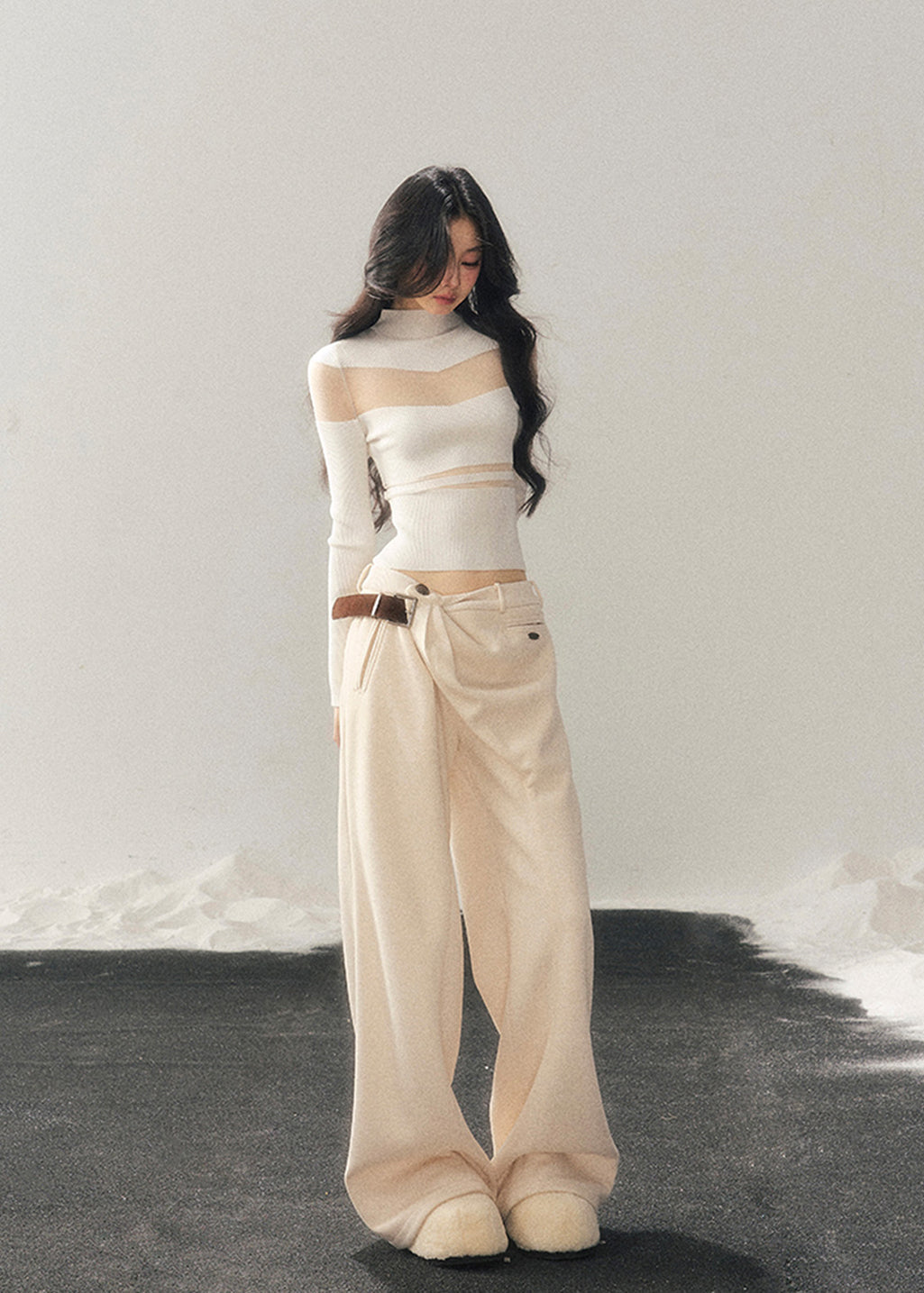 whispering of the night top, korean knit top, semi sheer knit, mesh panel knit shirt, slim fit winter top, women’s turtleneck knit, korean fashion top, elegant mesh knitwear, black mesh knit top, ivory mesh sweater, AOMALM top, winter slim knit shirt, long sleeve mesh top, feminine korean clothes, chic winter tops for women, aesthetic winter outfits, stylish knit base layer, hot girl knit top, soft stretch knitwear