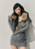 AOMALM sweater dress, French knit dress, winter mini dress, faux fur collar dress, fitted knit dress, warm winter dress, feminine winter outfit, soft knit mini dress, Korean fashion dress, romantic sweater dress, slimming knit dress, cozy winter dress, button-down sweater dress, winter date outfit, stylish knitwear women
