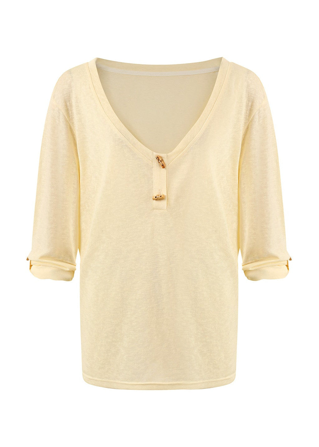 Pale yellow wooden-button cover-up with a brown camisole