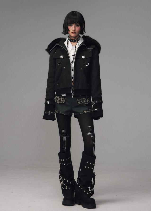Frustration Garden jacket, edgy winter jacket, black fur hood coat, punk padded jacket, grunge winter outerwear, slim fit puffer coat, detachable fur hood jacket, street goth winter fashion, sand wash black coat, thick warm padded jacket women, alternative fashion outerwear