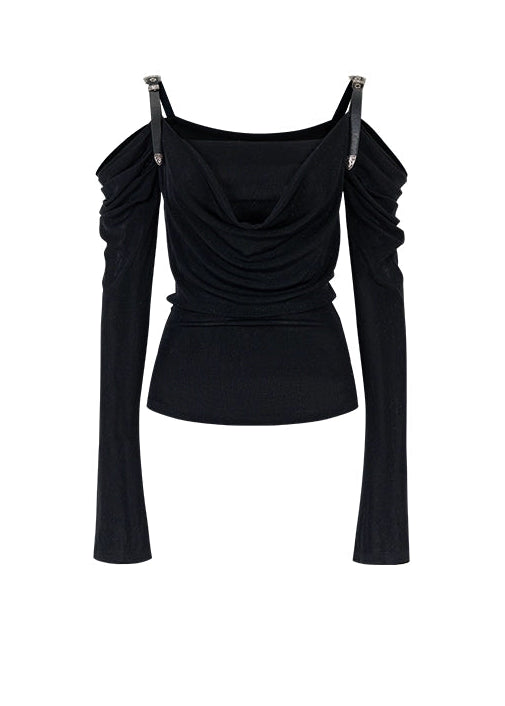 VIAPITTI strap top, leather strap long sleeve, draped off shoulder top, asymmetric streetwear top, Y2K hot girl top, edgy one shoulder shirt, Korean street fashion top, slim fit draped neckline tee, dark aesthetic long sleeve, acetate drape top women
