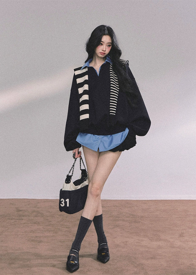 oversize sweatshirt women, layered polo sweatshirt, fake two piece top, Korean preppy style top, American college style pullover, fall winter oversized top, blue layered sweatshirt, preppy polo collar top, Korean fashion women tops, streetwear layered sweatshirt, oversized polo sweater, womens autumn casual tops
