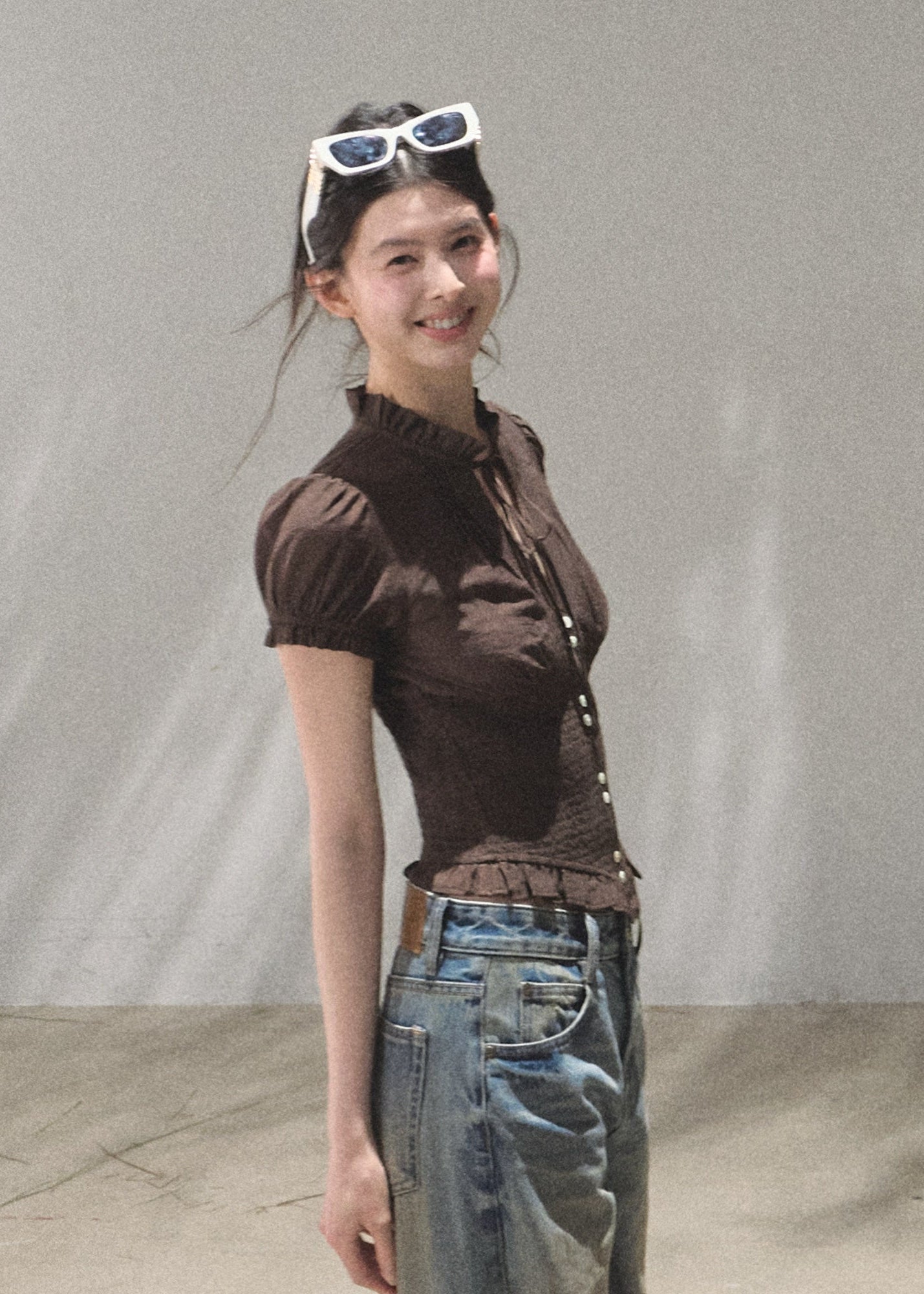 oakmoo top, v neck short sleeve shirt, retro summer blouse, korean minimal fashion, waist cinching shirt, textured summer top, puff sleeve blouse, soft vintage top, quiet luxury casual top, feminine summer shirt, refined casual outfit, korean summer top