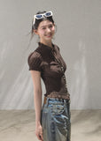 oakmoo top, v neck short sleeve shirt, retro summer blouse, korean minimal fashion, waist cinching shirt, textured summer top, puff sleeve blouse, soft vintage top, quiet luxury casual top, feminine summer shirt, refined casual outfit, korean summer top