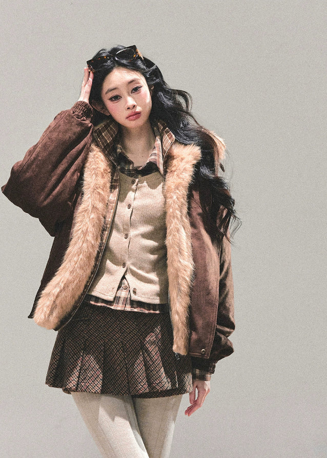 brown padded jacket women, faux two piece jacket, plaid layered coat, thickened winter jacket, american style cotton coat, fur trim autumn jacket, warm winter outerwear women, padded plaid jacket, korean vintage winter coat, fw25 fashion
