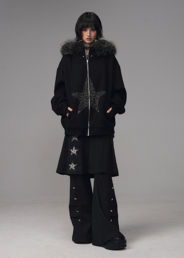 Frustration Garden hoodie, cat ear hoodie jacket, grunge fur hood sweatshirt, leopard star hoodie, edgy winter jacket women, punk fleece zip jacket, alternative streetwear coat, goth cat ear coat, oversized fur hood jacket