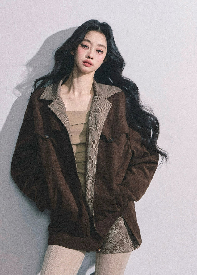 korean two piece set, plaid mini skirt outfit, suede jacket set women, seoul street fashion, preppy korean outfit, french hepburn style set, autumn matching outfit women, korean chic blazer set, trendy korean clothing 2025, seoul preppy look, brown plaid skirt, vintage academic outfit, elegant french suit, nom alm collection, modern korean style