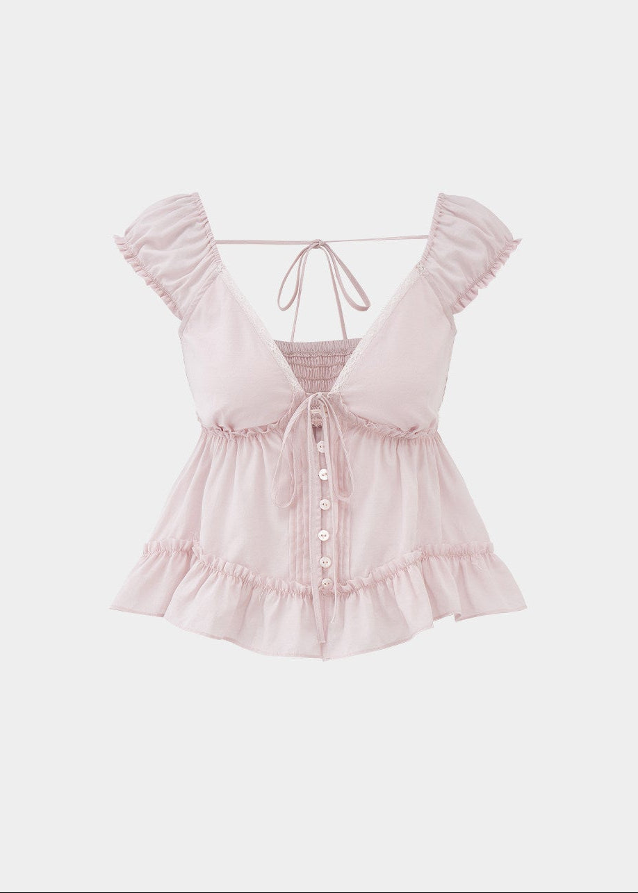 lace v neck top, summer lace top, tie front blouse, Korean feminine top, French sweet top, ruffle hem top, floral sleeve blouse, peplum summer top, romantic white top, vacation summer blouse, first love style top, feminine Korean fashion, lyocell cotton linen top, soft summer blouse, café date outfit