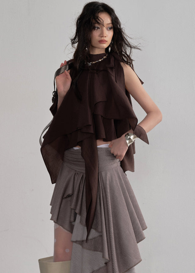 JNYLON pleated linen skirt women, Korean stylish asymmetric skirt, modern Korean fashion layered skirt, chic retro romantic pleated skirt women, trendy Korean street chic outfit, linen blend irregular skirt Korean style, lightweight pleated fashion skirt women, urban fashion asymmetric skirt, stylish Korean aesthetic skirt, fashionable natural tone pleated skirt