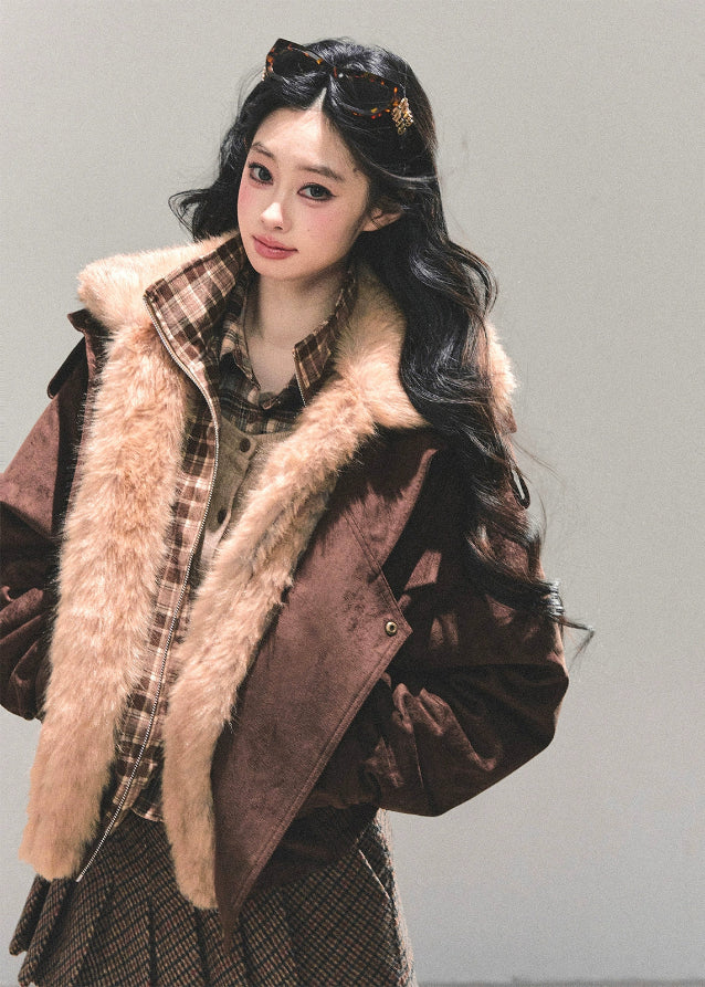 brown padded jacket women, faux two piece jacket, plaid layered coat, thickened winter jacket, american style cotton coat, fur trim autumn jacket, warm winter outerwear women, padded plaid jacket, korean vintage winter coat, fw25 fashion
