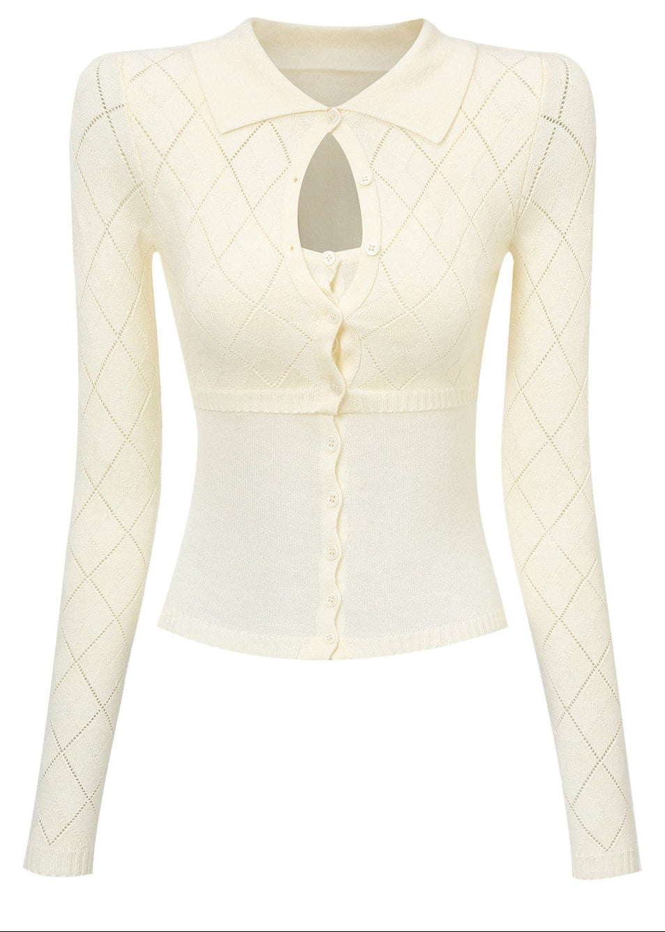 Cream faux layered knit cardigan with delicate diamond pattern