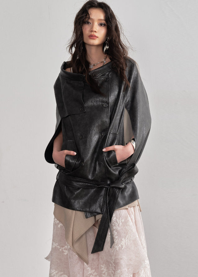 JNYLON faux leather cape jacket women, Korean stylish PU shawl jacket, modern Korean fashion cape coat, chic vintage faux leather outerwear, trendy Korean street chic jacket, oversized leather cape women, urban fashion layering PU jacket, stylish Korean fashion shawl coat, vintage romantic leather cape top women