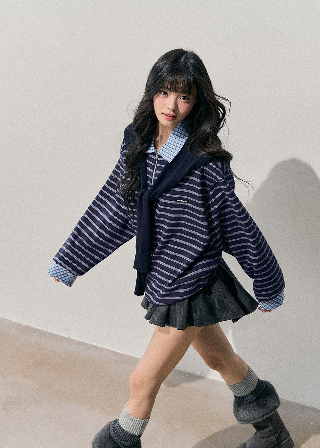 fake two top, layered polo knit, striped long sleeve top, AOMALM top, Korean fashion knit, winter striped polo, preppy layered shirt, women’s fake two sweater, soft knit pullover, autumn winter tops, Korean aesthetic outfit, American striped tee, polo collar knit, layered look sweater, casual winter knit top, streetwear Korean top, feminine preppy clothing, blue striped knit, layered illusion top