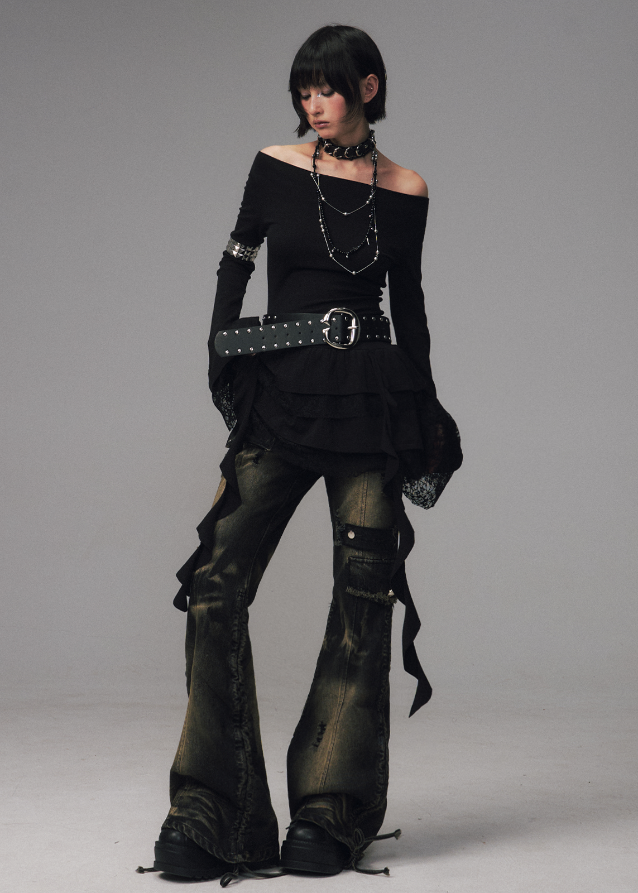 punk flare jeans women
vintage washed bootcut denim
grunge pocket denim pants
raw hem flare jeans
dark streetwear pants women
utility cargo flare jeans
y2k punk denim trousers
distressed drawstring jeans
wide leg bootcut pants edgy
Frustration Garden denim
