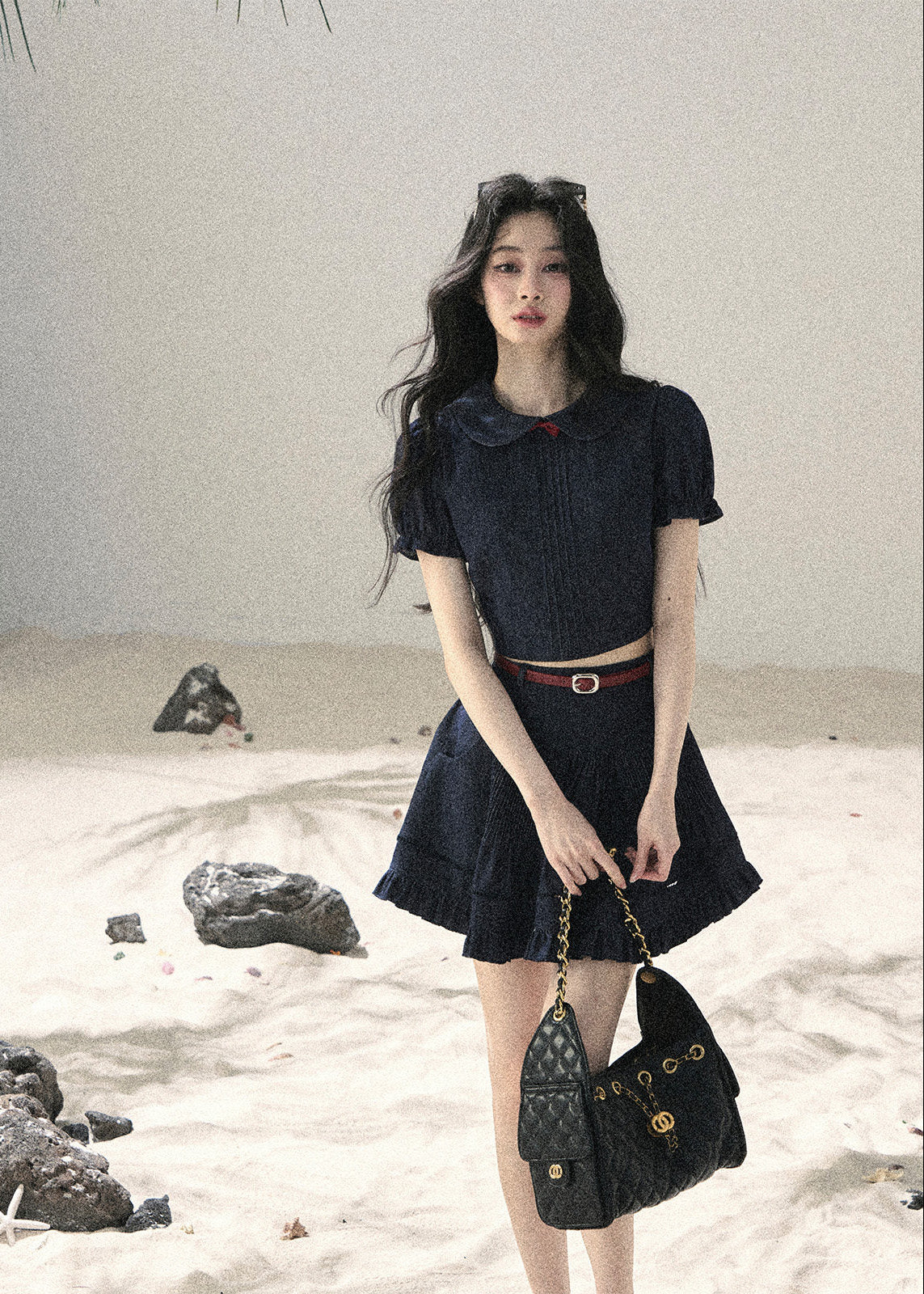 Korean preppy two-piece skirt set in dark navy