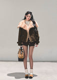 eco fur jacket women, brown plush winter coat, faux fur collar jacket, loose warm winter top, chestnut fur jacket, fluffy winter outerwear, korean eco fur fashion, fw25 warm plush coat, women faux fur jacket, winter statement coat
