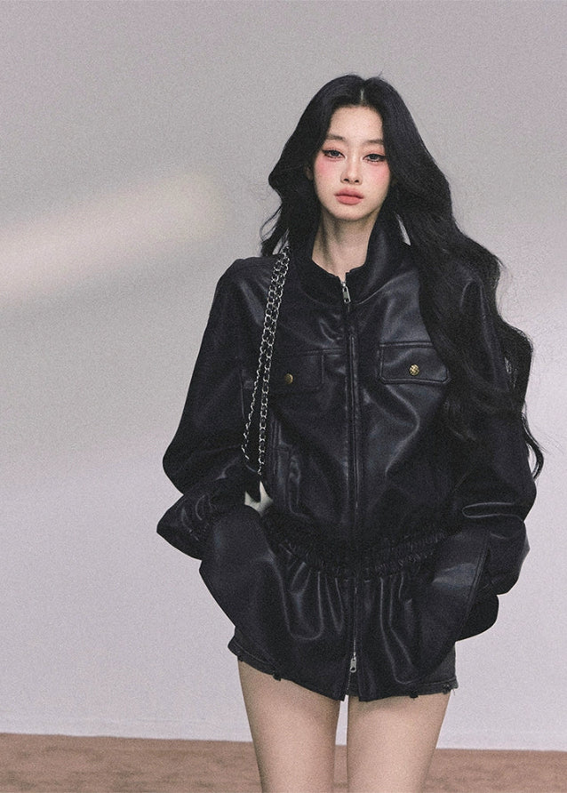 black pu leather jacket women, faux leather moto jacket, stand collar leather jacket, oversized leather jacket women, korean fashion leather jacket, fall winter moto coat, cool wind biker jacket, loose fit pu jacket, trendy black leather top, street style outerwear women
