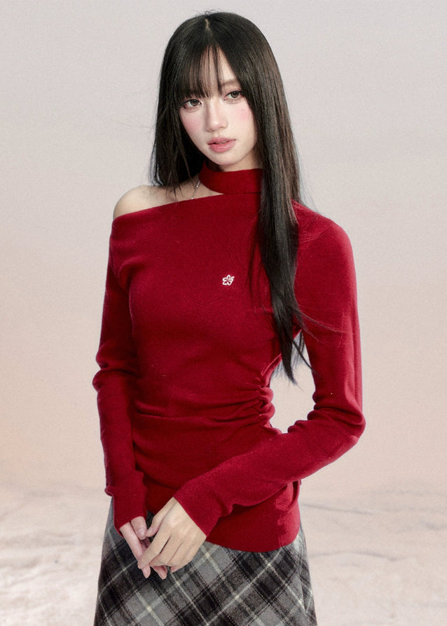 Fragile Heart off shoulder knit, red one shoulder top, Korean romantic sweater, feminine slanted shoulder knitwear, soft cotton knit top, gentle girly red sweater, trendy off-shoulder knit blouse, elegant Korean knitwear, winter romantic knit top, scarlet feminine top, AW Korean pretty girl style