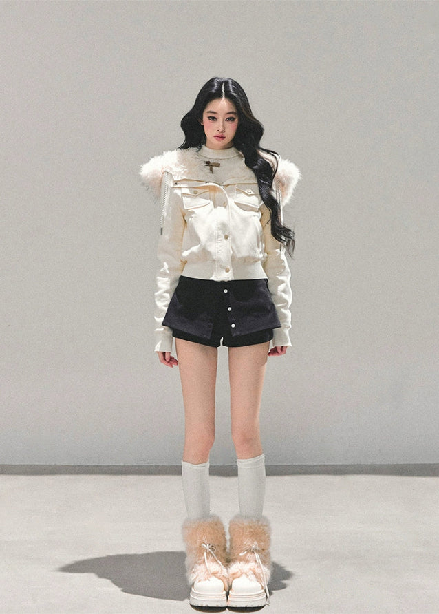 lambswool hooded jacket women, british style winter coat, ivory fur hood jacket, brown plush winter jacket, edelweiss fur coat, warm long sleeve winter top, korean winter hooded coat, fw25 plush jacket, lambcore hooded coat women
