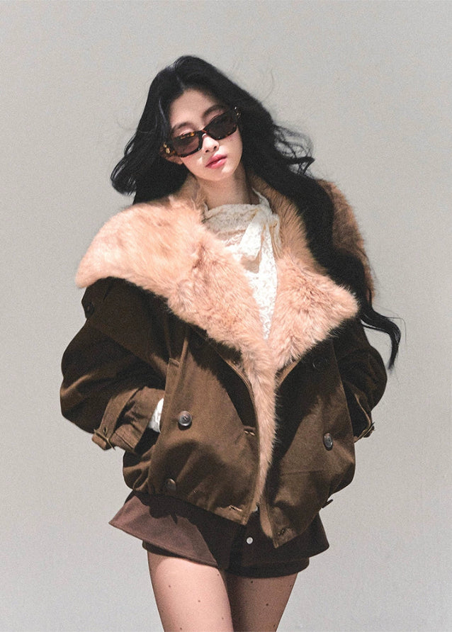 eco fur jacket women, brown plush winter coat, faux fur collar jacket, loose warm winter top, chestnut fur jacket, fluffy winter outerwear, korean eco fur fashion, fw25 warm plush coat, women faux fur jacket, winter statement coat

