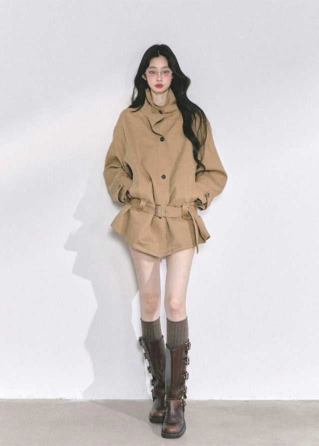 french trench jacket, korean short trench coat, autumn outerwear women, seoul street style jacket, belted loose fit coat, stand collar windbreaker, hepurn fashion jacket, elegant french outerwear, korean fashion 2025, minimalist city coat, oversized chic jacket, trendy korean outfit, casual luxury jacket, nom alm style, korean modern trench