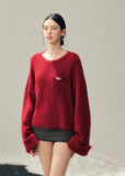 AOMALM sweater, red mohair sweater, women winter knit top, French style sweater, Korean aesthetic knit, soft feminine sweater, fluffy winter sweater, mohair pullover women, holiday red sweater, New Year knit top, cozy winter top women, elegant knitwear women, warm mohair sweater, romantic winter outfit, soft texture sweater, winter fashion women