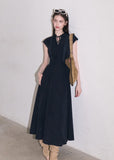Navy blue waist-cinching midi shirt dress