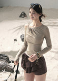 Off-shoulder long sleeve top in soft taupe