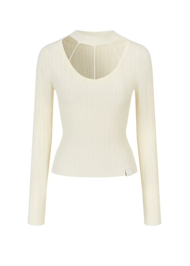 VIAPITTI choker knit top, cutout halter sweater, slim base layer top, edgy Korean fashion, autumn winter knitwear, industrial street style, minimal cutout knit, versatile slim top, K-fashion 2025, modern streetwear women, fitted knit choker top, geometric neckline sweater, urban chic knit top
