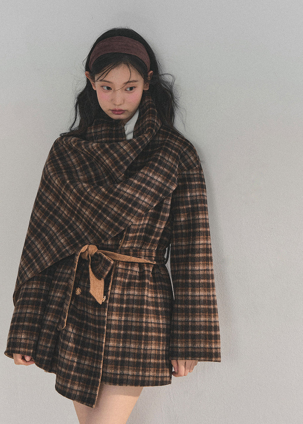 winter wool coat, reversible wool coat, Korean style coat, AOMALM coat, tartan wrap coat, plaid winter jacket, feminine winter coat, wool cape coat, oversized shawl coat, Korean fashion outerwear, winter wrap coat, reversible tartan jacket, warm wool jacket, elegant winter coat, aesthetic Korean outfit, winter fashion women, wool blend coat, Korean girl style coat, trendy winter coat women, autumn winter outerwear