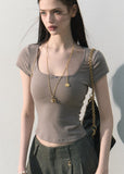 Iced mint fitted U-neck top with delicate lace trim