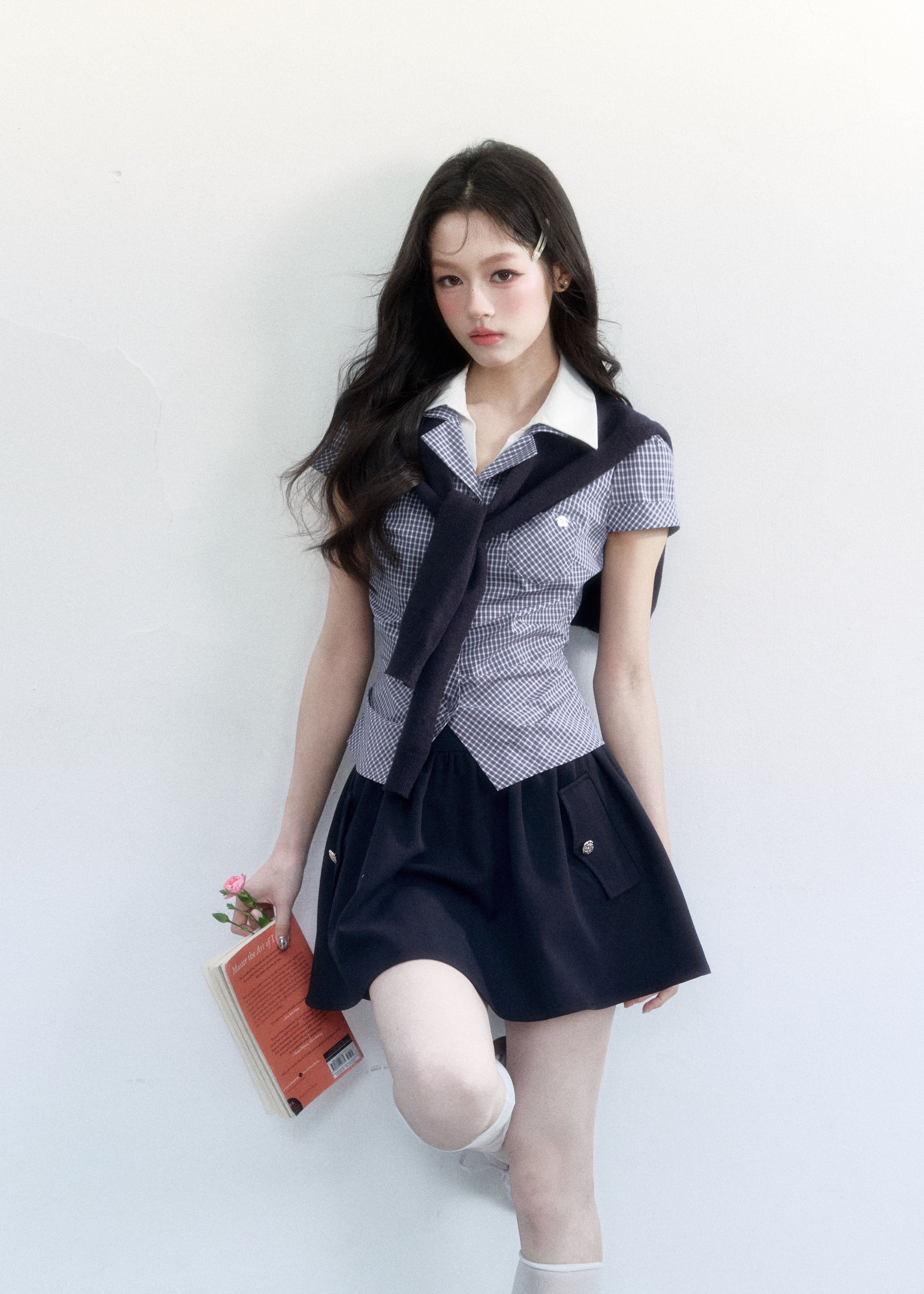 plaid layered top, korean campus top, sweet preppy top, pink plaid shirt top, faux layered blouse, feminine korean fashion top, fragileheart top, summer campus outfit, knit scarf top set, cute preppy summer top, soft girl korean top, honor student style top
