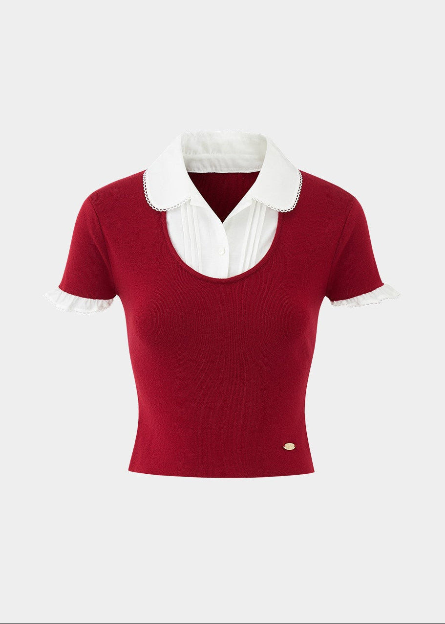 layered knit top women, fake two piece top, shirt collar knit, korean fashion top, spring outfit ideas, slim fit knit top, short sleeve knit women, feminine casual top, lightweight knitwear, aesthetic fashion top, modern feminine clothing, versatile everyday top, parisian style clothing, fitted knit blouse, clean line top, refined casual wear, minimal style top, chic everyday outfit, spring wardrobe essential, contrast collar top