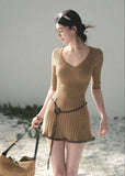 korean knit dress, ribbed mini dress, v neck knit dress, feminine summer dress, soft knit dress women, korean style dress, elegant casual dress, spring knit dress, slim fit mini dress, light mature women dress, refined feminine outfit, mocha knit dress