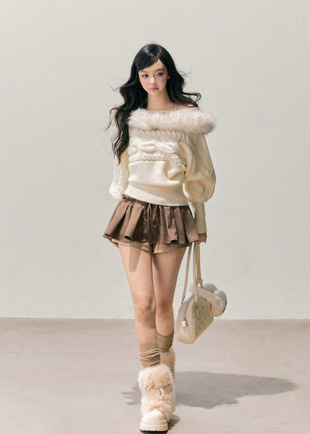 tea fragrance sweater, mohair off shoulder sweater, AOMALM winter top, French mohair knit, winter twist sweater, fluffy neckline sweater, faux fur trim knit, feminine winter outfit, asymmetrical knit top, Korean winter style, warm mohair sweater, off shoulder winter top, cozy feminine knitwear, soft mohair pullover, chic winter sweater, trendy Korean fashion top, elegant winter knit, women’s mohair blouse, romantic off shoulder sweater