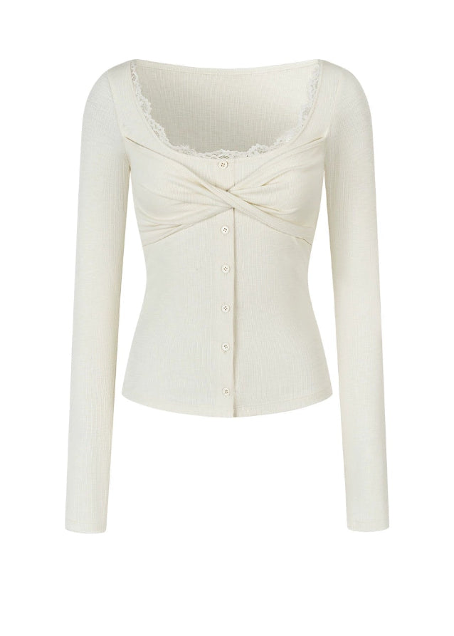 VIAPITTI lace top, single breasted long sleeve, slim fit T-shirt, edgy Korean fashion, autumn streetwear top, lace trim inner shirt, ruched front top, minimalist street style, versatile base layer, K-fashion 2025, slim long sleeve tee, soft street femininity, modern urban womenswear
