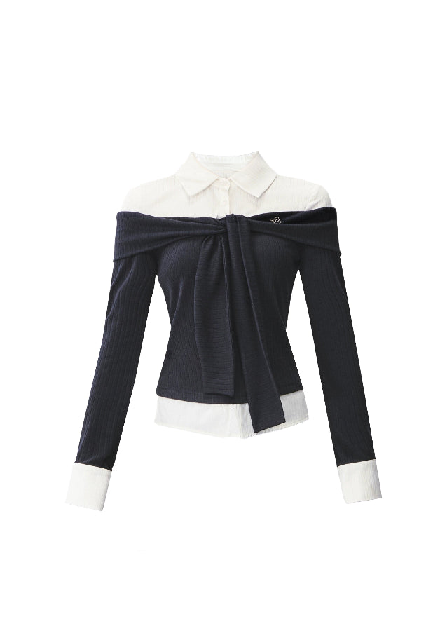 Fragileheart knit top set, off-shoulder sweater, luxury Korean fashion, elegant preppy outfit, autumn winter 2025, quiet luxury style, pastel noir aesthetic, black and white knitwear, K-fashion two-piece set, modern feminine look, ribbon detail top, soft academic chic, refined Korean womenswear, structured luxury knit
