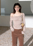 Women's pink shimmer off-shoulder layered long sleeve top